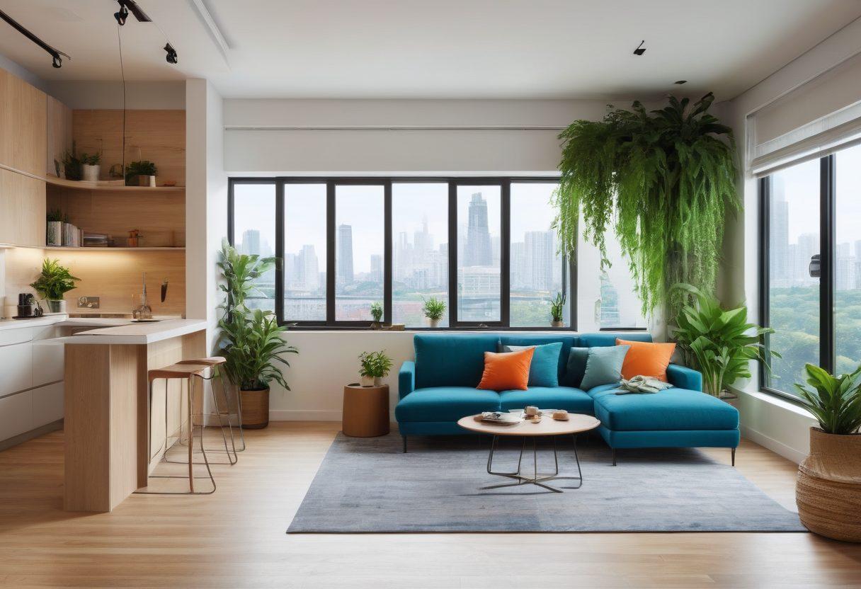 A stylish urban condo interior showcasing innovative renovation hacks, featuring modular furniture, vibrant plants, and an open space layout that emphasizes comfort. Accents of bright colors and smart storage solutions can be seen, along with large windows allowing natural light to pour in, creating a cozy yet modern atmosphere. super-realistic. vibrant colors. minimalistic design.