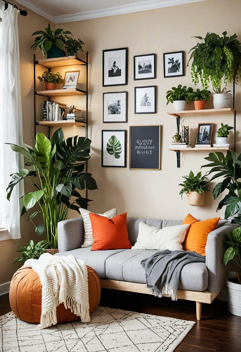 A cozy, well-decorated living space that combines affordability and style, featuring a small apartment filled with lush indoor plants, colorful throw pillows, DIY wall art, and cozy lighting. An inviting reading nook with a plush chair, a warm blanket, and a stylish bookshelf can be seen in the background. The overall ambiance is warm and inviting. vibrant colors. modern design. soft lighting.