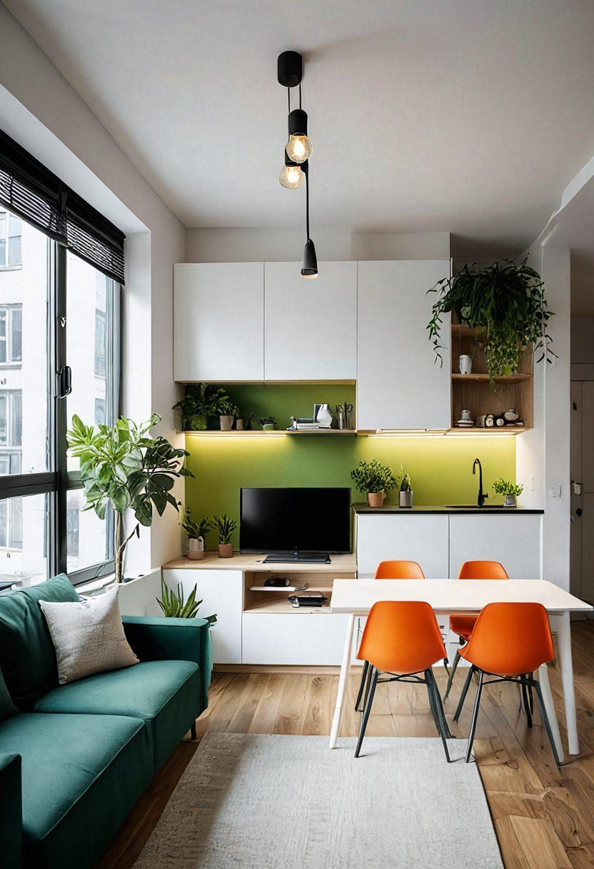 A stylish, modern small apartment interior showcasing smart furniture solutions, such as modular sofas and multi-functional tables. There should be a vibrant living room area combined with a compact kitchen, emphasizing space-saving designs. Natural light streaming through large windows, plants adding a touch of green, and cozy decor elements enhancing warmth. Super-realistic. Vibrant colors. Minimalistic style.